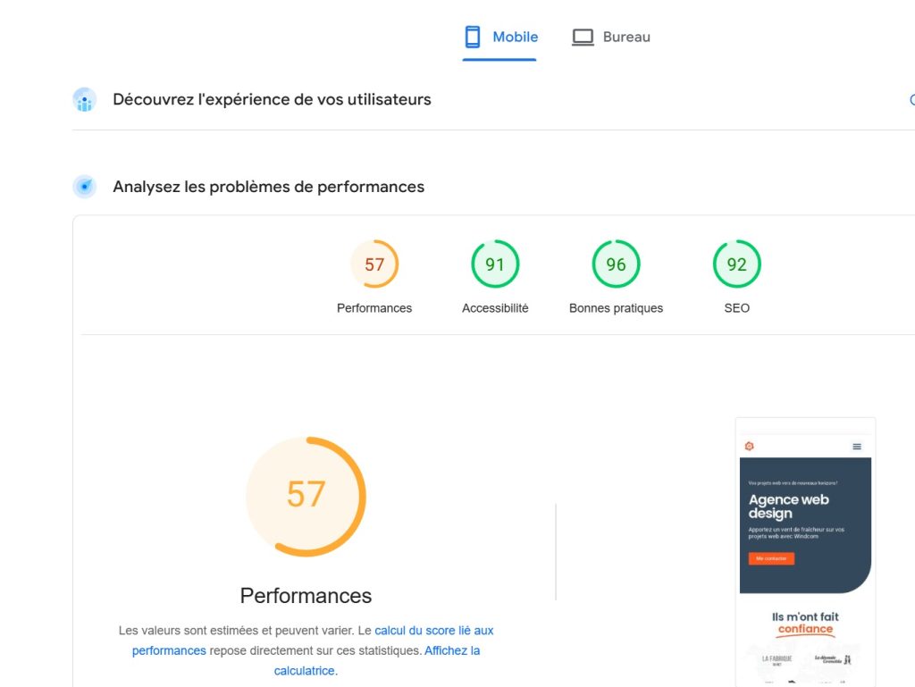 analyse performances Google PageSpeed Insights score mobile