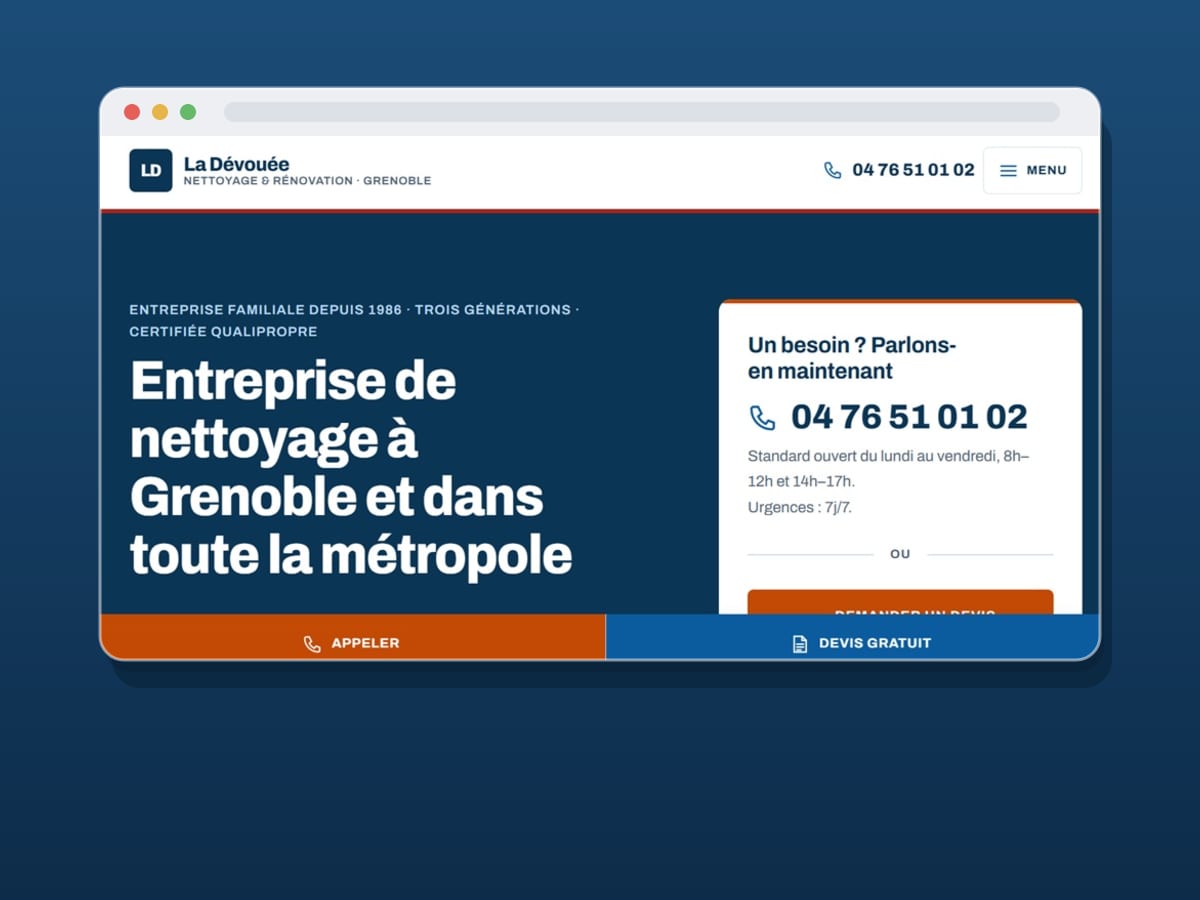 Page d'accueil du site de La Dévouée, entreprise de nettoyage à Grenoble, réalisé par Windcom