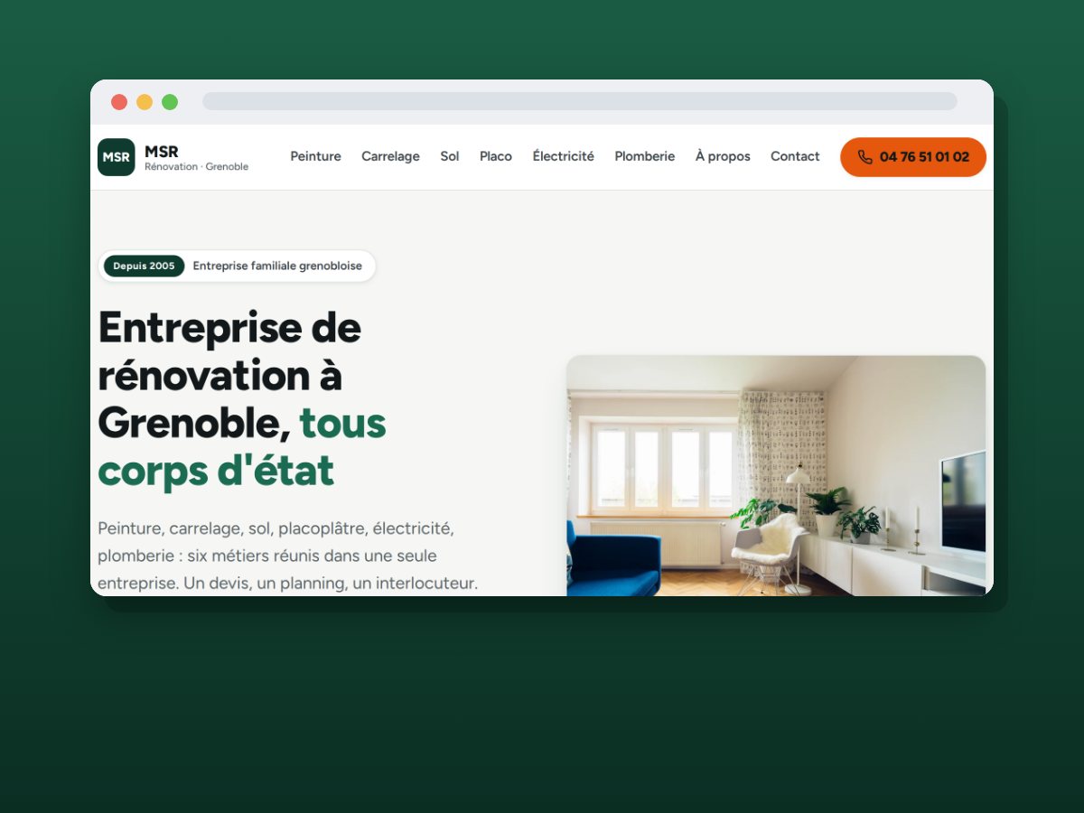Page d'accueil du site de MSR Rénovation à Grenoble, réalisé par Windcom